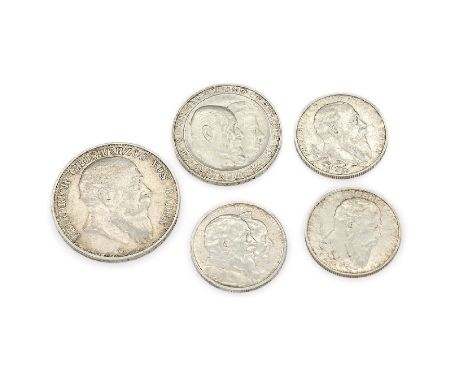 Konvolut 5 Silbermünzen,   Deutsches Reich, best. aus: 1 x 5 Mark Friedrich Großherzog vonBaden 1907, 1 x 3 Mark Wilhelm II u