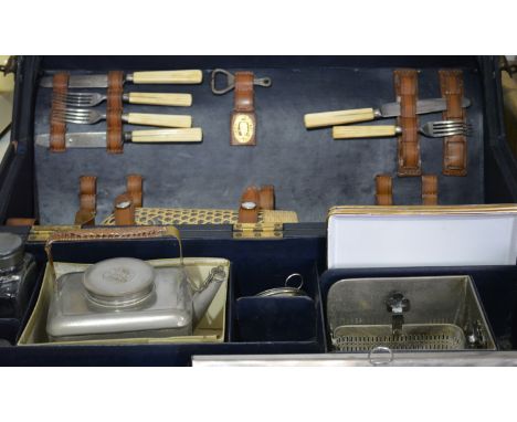 Vintage blue hobnail cased automobile picnic set, part fitted, raffia covered bottle etc,  labelled Manufactured in London, E