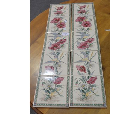 Set of ten fire place tiles, H & R Johnson, floral and bird design.