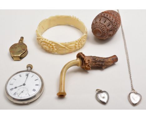 Silver pocket watch, white enamel dial, turned wooden patch box, various implements, costume jewellery etc.