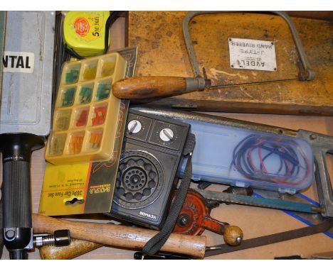Box containing drills, riviter and hand tools.