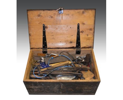 Large wooden box, containing miscellaneous engineering tools