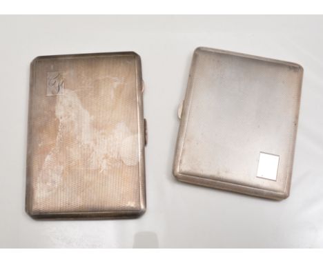 Large silver cigarette case, Birmingham 1947, engine turned, engraved presentation inscription, 13cm and another silver cigar