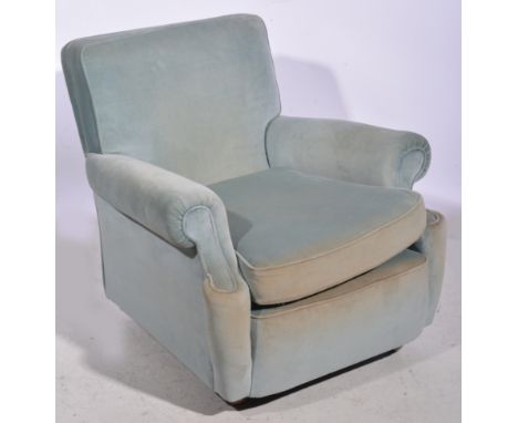 Traditional style easy chair, upholstered in light blue dralon, width 91cm.