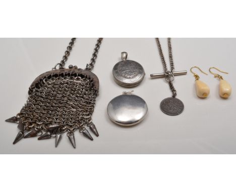White metal oval locket, engraved REGARD, a circular silver compact fob, chainmail purse on a steel chain, double albert and 