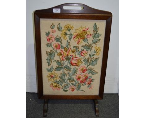 Stained wood fire screen, with a needlepoint panel, 66cm.