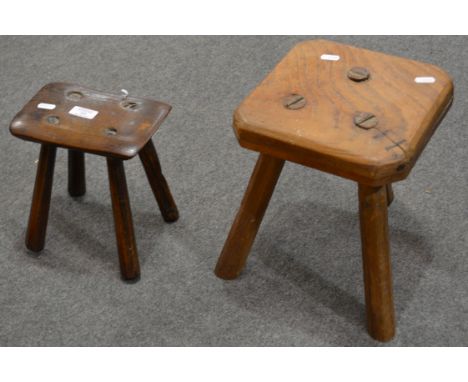 Old elm milking stool, 22cm and another stool with tripod legs.