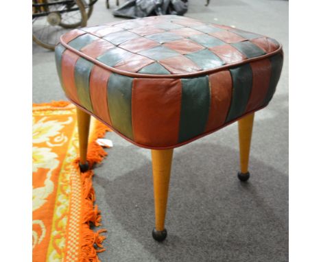 Beechwood stool, leather cheque upholstery, 36cm, convex wall mirror in a chrome plated frame and an opaque lampshade.