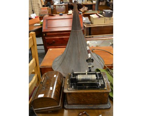 Edison standard phonograph, No. 563971, oak cased, width 31cm with horn and tripod and support.
