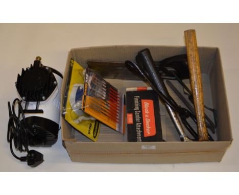 Box containing Hobby Spray Compressor, and Black and Decker sander plus hand tools.
