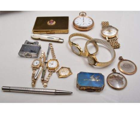 Ladies Avia 9ct hallmark gold wristwatch, on a bracelet strap, other wristwatches, yellow metal compact with the Royal Engine