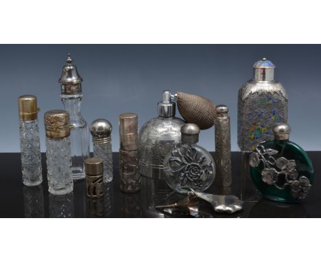 White metal and enamelled caddy shape scent bottle, 12cm, silver mounted glass scent bottles, other scent bottles and atomise