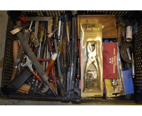 Two black plastic trays, containing large selection of hand tools, 2 boxes.