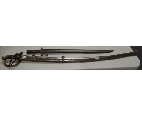 Cavalry sabre, 91cm curved blade, brass guard, leather grip, in a steel scabbard and a French bayonet, back engraved, 1868 in