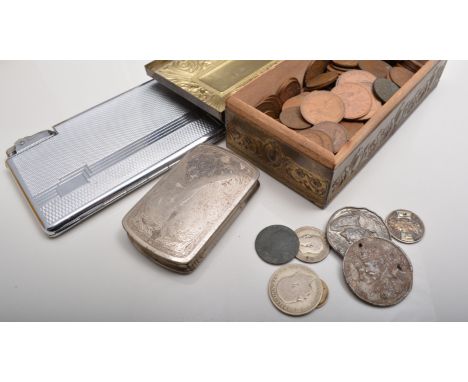 Small collection of coins, chrome plated cigarette case/lighter, whistle fob etc.