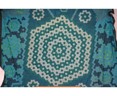 Patchwork throw, hand stitched with multi coloured hexagons. Signed and dated K McG 1967, 98" x 82".