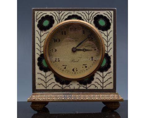 Cloisonne enamel travelling clock, signed Zenith, eight day, further inscribed Reid, 6cm, travelling case defective.