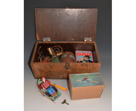 Box containing V twin steam engine kit, and clockwork man in row boat, boxed (2).