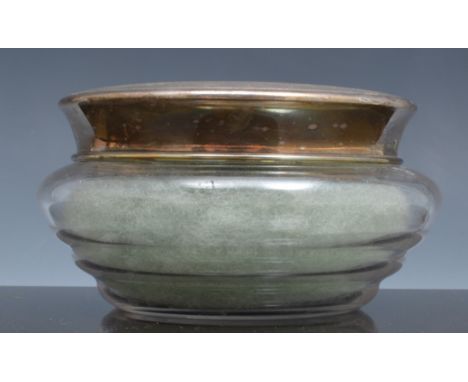 Glass powder puff bowl, with a silver lid, Birmingham 1949, engine turned, diameter 11cm.