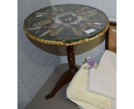 Pedestal wine table, inlaid with peacock feathers and other feathers, beechwood base, tripod legs, diameter 36cm, together wi