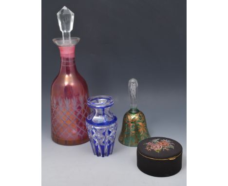 Vintage dressing table set, compact, cranberry tinted decanter etc.