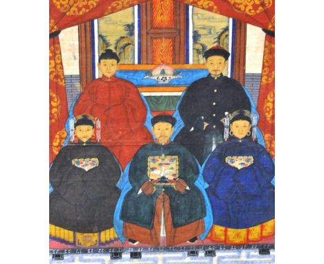 Chinese School, Five Figures in an Interior, formal portrait, late Imperial style, oil on cloth 83cm x 61cm.