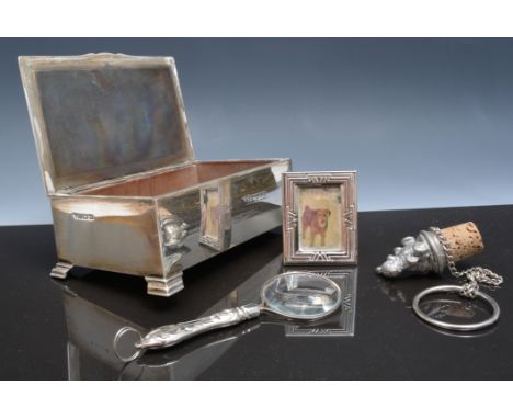 Silver cigarette box, Birmingham 1961, engine turned lid, wood lined, 15cm and a collection of small items of silver plate an