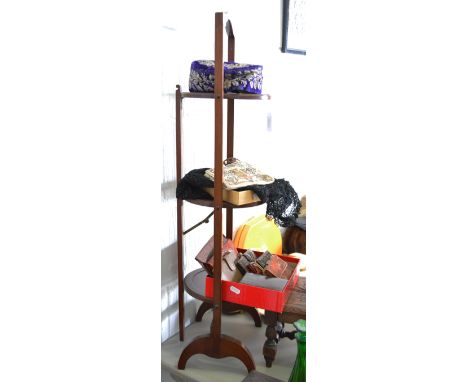 Mahogany three tier cake stand, standard ends, 89cm and a carved oak stool (2).