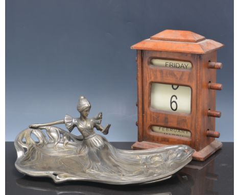 Oak desk top perpetual calendar, 22cm, light fittings, and a mahogany cased set of 12 dessert knives and forks.