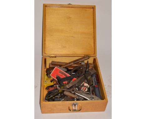 Varnished wooden case, containing large number of hand tools.