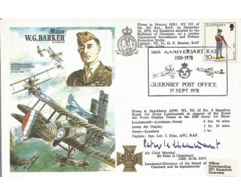 ACM Sir Peter le Cheminant GBE, KCB, DFC signed World War Two flown cover. RAFM HA35. Cover dedicated to Major W. G. Barker V