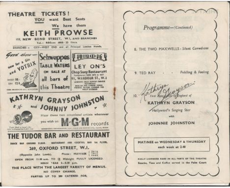 Kathryn Grayson signed inside London Palladium vintage programme. Good condition Est.