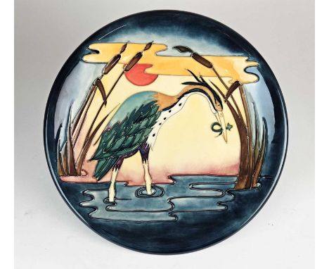 Moorcroft 'Heron - Reeds and Sunset' charger designed by Philip Richardson, dated 1993, impressed and painted marks, 35cm dia