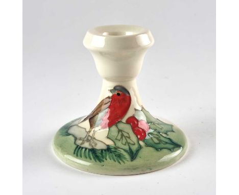 A Moorcroft 'Christmas Robin' short candlestick, dated 1990, impressed and painted marks, 9cm highProvenance: The Peter Richa