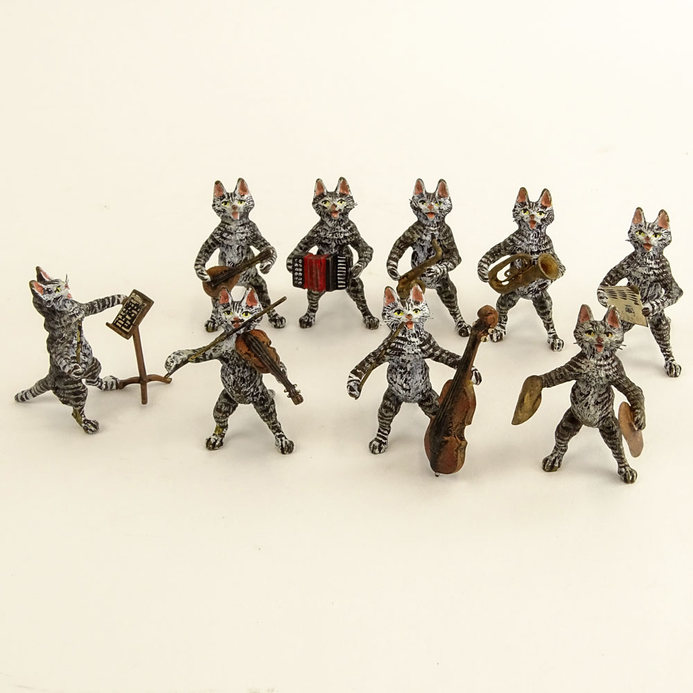 Bergmann Cold Painted Vienna Bronze 9 Piece Miniature Cat Orchestra