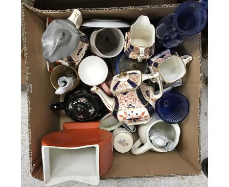 Three boxes of sundry china wares, plated wares, oak cased mantel clock, copper kettle etc