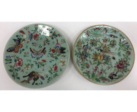 A collection of Chinese celadon glazed famille rose plates various decorated with butterflies, birds and flowers, largest 26.