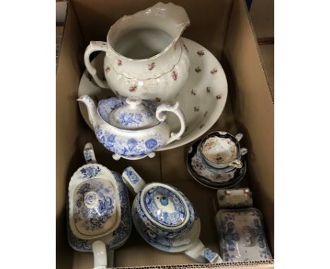 A collection of china wares including three 19th Century blue and white teapots, a Minton &amp;  Boyle cup and saucer, a Prin