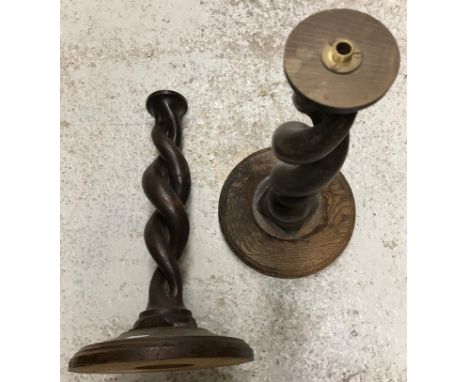 A pair of oak open barley twist lamp bases 42 cm high together with a box of various copper ware including three kettles and 