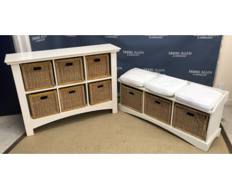 A pair of modern painted open bookcases with single drawers over three adjustable shelves, raised on bracket feet, 65 cm wide