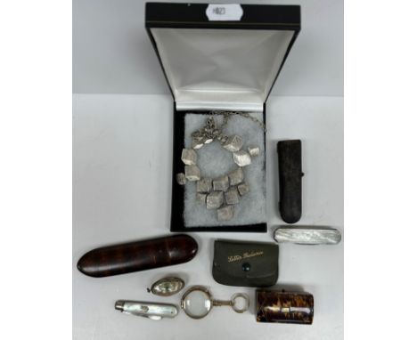 A modern white metal necklace of interlinked cube design (Maine, USA) 52 cm long together with a quantity of various objets d