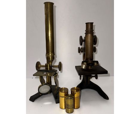 An Ernest Leitz monocular microscope, brass cased on an anodised stand, box 28.5 cm high, a JH Steward of London monocular mi