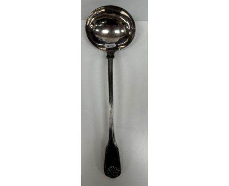 A George IV silver "Fiddle and Thread" pattern soup ladle (by Charles Eley, London 1826), 8.84 oz, 33.3 cm long 
