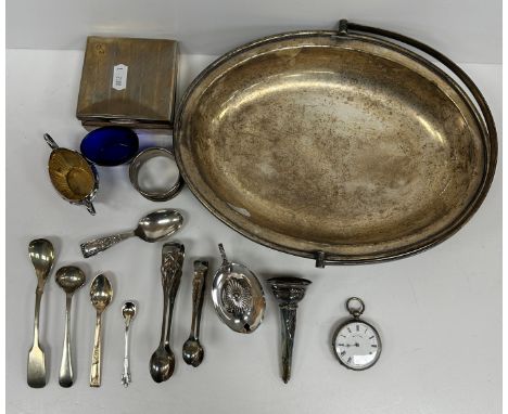 A collection of small silver wares to include a lidded mustard and matching salt with gilt-washed interior, salt spoon, two p