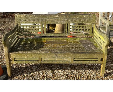 A teak slatted garden bench seat (with moss and lichen), 158 cm wide