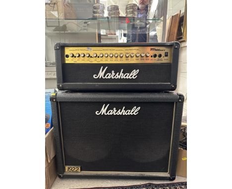A Marshall '1922' speaker with Marshall MG Series 100 HD FX amp and pedal, together with various guitar cables, TC Helicon vo
