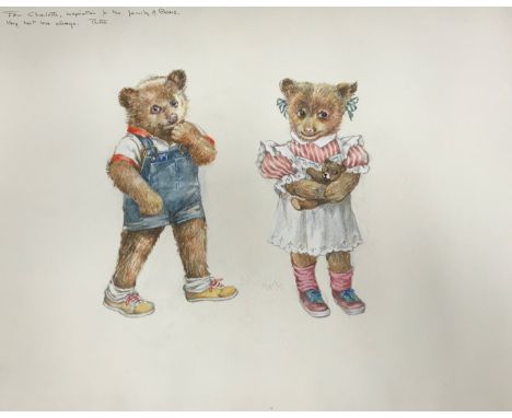 PETER S HALL "Two young bears in childrens' clothing", a study, watercolour, unsigned, inscribed top left "For Charlotte Insp