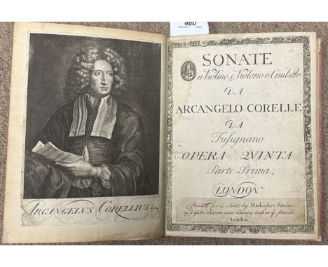 "Sonate a Violino e Violino o Cimbalo" by Arcangelo Corelle, a re-bound musical score, inscribed "printed for and Sold by Mic