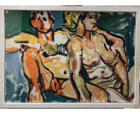 20TH CENTURY SCHOOL "Study of a man and a woman in orange and yellow", acrylic on paper, unsigned, 42 cm x 59 cm, together wi