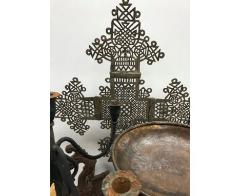 A collection of various metal wares to include an Eastern white metal pierced cross 74.5 cm high x 57.5 cm wide on a shallow 